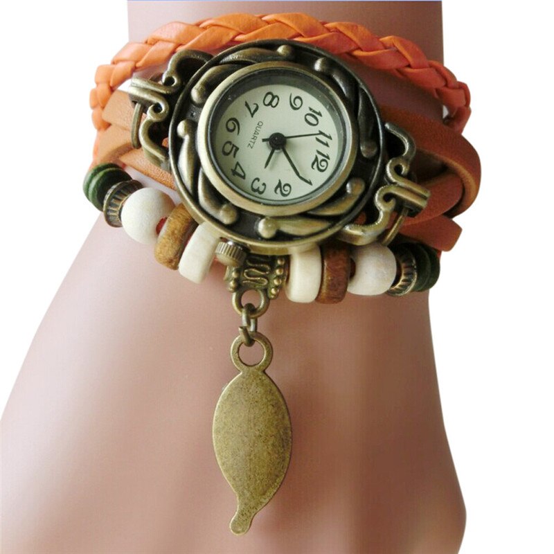 Vrouw Armband Horloge Lederen Band Leaf Hanger Ladie Horloge Retro Eenvoudige Quartz Lady Klok Relogi montre dames horloges # W: orange