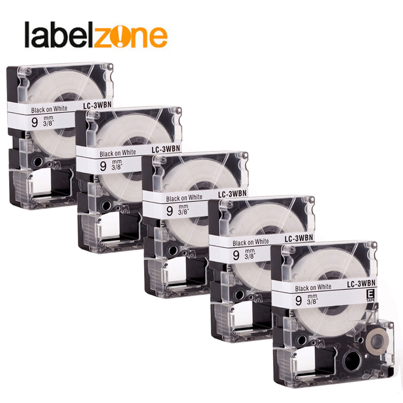 5Pcs 9mm Black on white compatible Epson SS9KW/LC-3WBN label tapes strong adhesive laminated lc3wbn label ribbon for KingJim