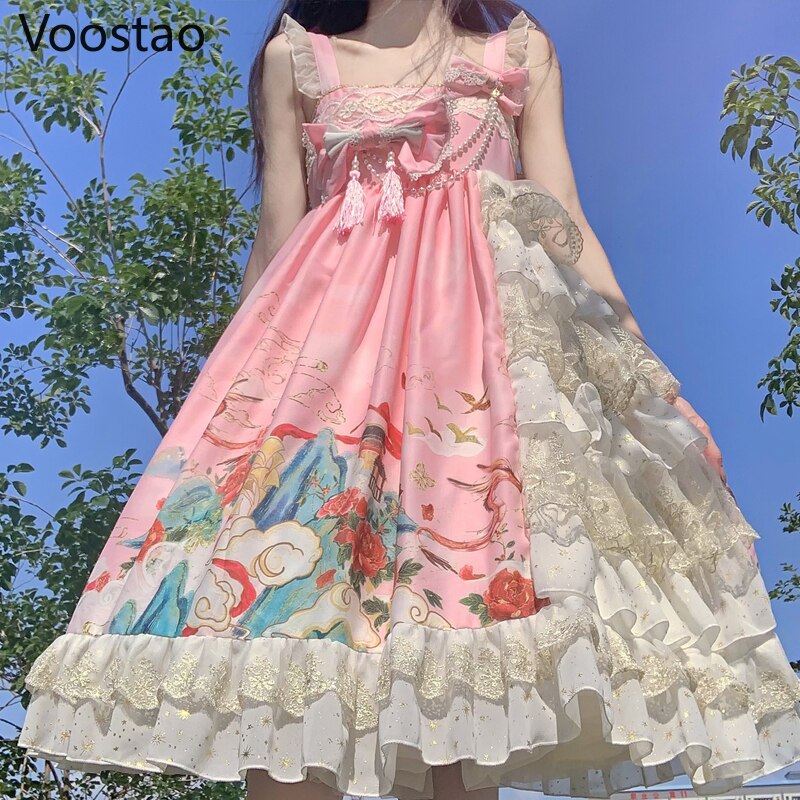 Robe Lolita JSK en dentelle pour filles, tenue de princesse sans manches, Vintage, Chic, imprimé, nœud, mignon: Pink Jsk Dress / L