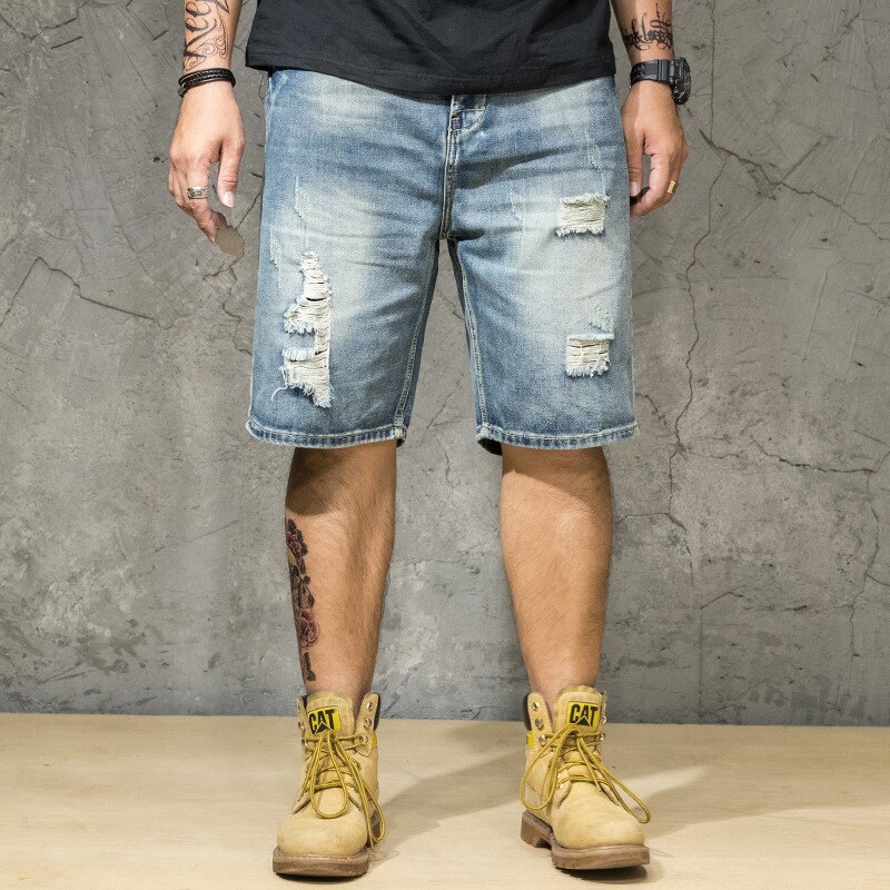 Denim shorts til mænd sommer plus størrelse m -6xl løse tynde shorts flået fem-punktsbukser blå jeans: Xxxl