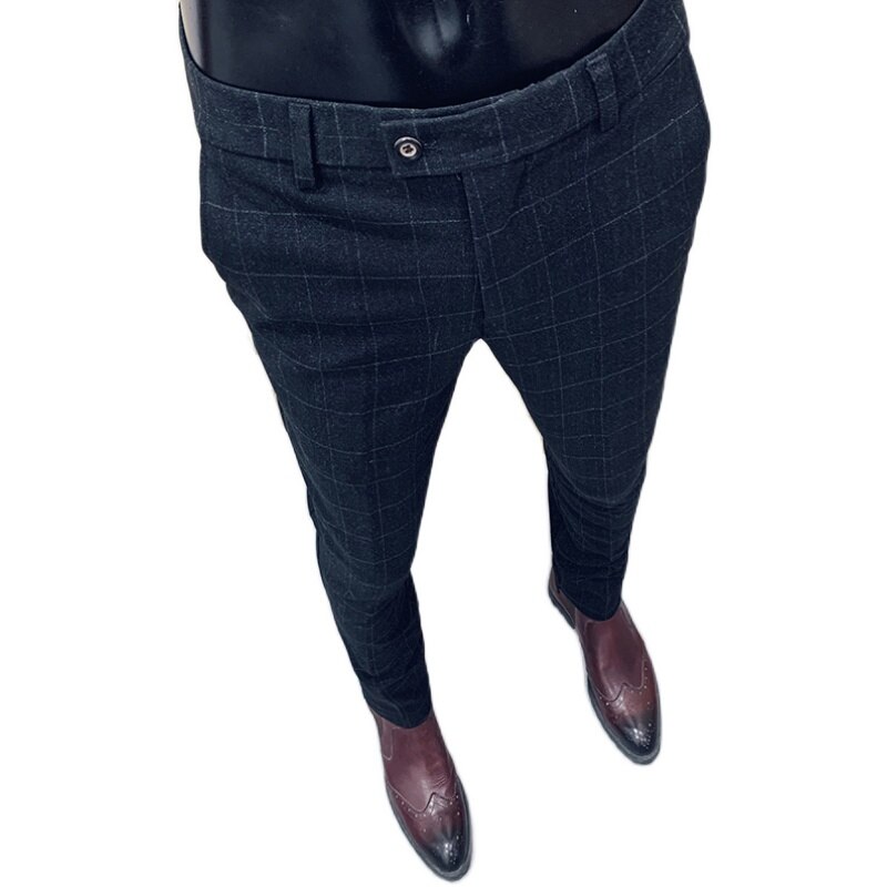 Pantalones clásicos de tela escocesa para hombre, pantalones ajustados de vestir de lana, pantalones de para oficina, pantalones de boda Social, pantalones de hombre Classique