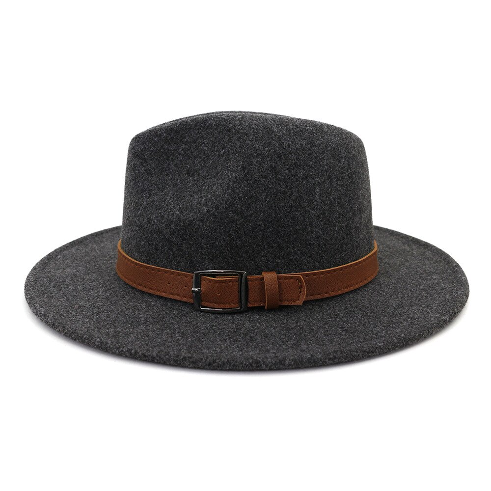 Sombrero Fedora de lana con lazo de cuero para hombre, gorra redonda americana y europea, color negro, para Otoño e Invierno