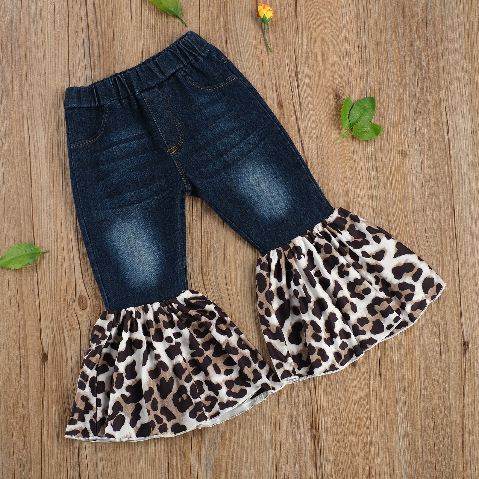 Emmababy Autumn 2-7Y Kids Toddler Baby Girls Leopard Print Flared Jeans Pockets Pants Denim Boot Cut Long Trousers