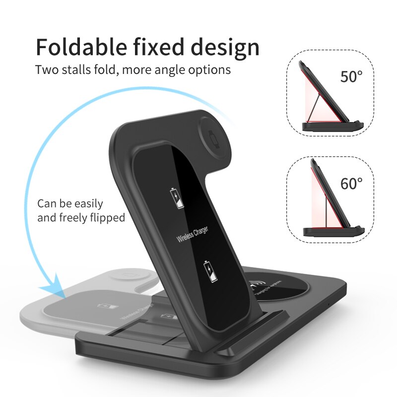 3 In 1 15W Fast Qi Wireless Charger Stand for iPhone 13 12 11 XR X 8 Airports Pro Apple Watch 7 6 Foldable Charging Phone Holder