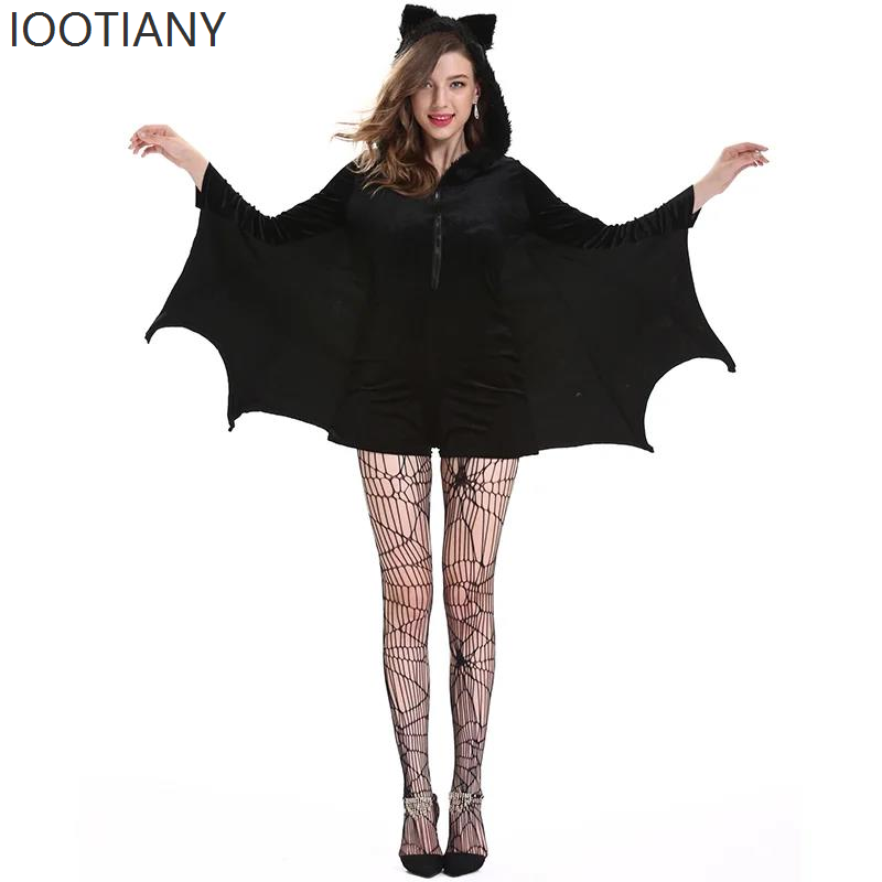 Costume da diavolo di Halloween Gonna da pipistrello malvagio Carnevale gotico Pipistrello da clown da donna Body con cappuccio Set di tute con ali nere per adulti gotiche