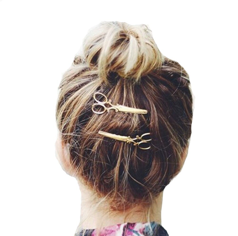 2pcs Hair Clip Girl Lady Hair Barrettes Apparel Accessories Headpiece Women Hairpin Scissors Pattern Gold Silver