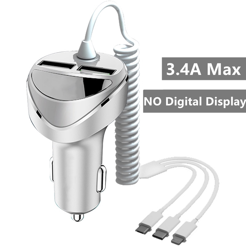 3 in 1 qc 3,0 fast car charger with cable for iphone 13 12 11 samsung xiaomi huawei micro usb type c fast mobile phone charging charger: 3.4a no display w