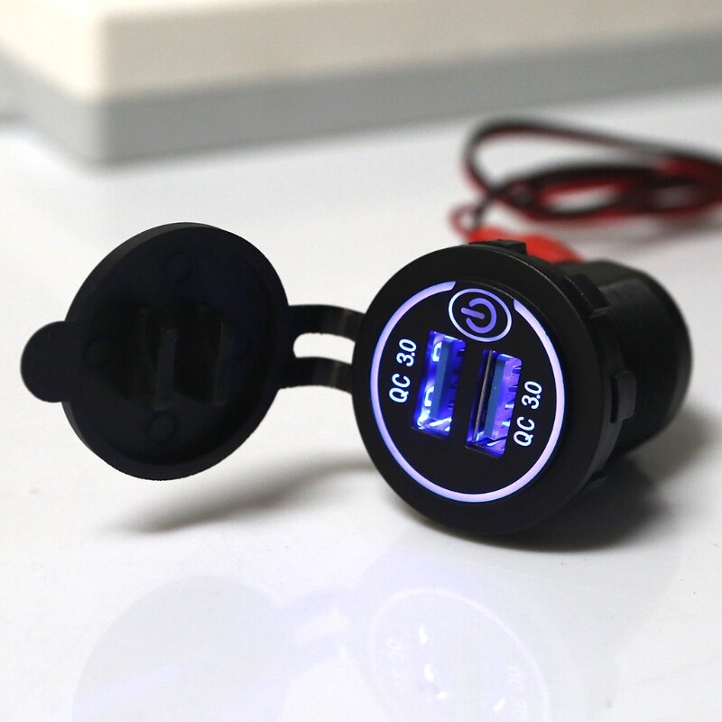 Carregador automotivo usb, adaptador à prova d'água, 12v, 24v, dual, qc3.0, com interruptor touch liga/desliga, luz led para telefone móvel, gps, caminhão, suv, barco, ônibus