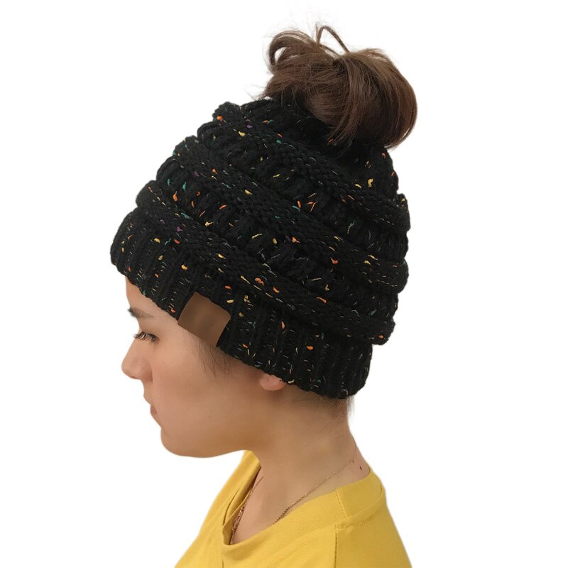 Doitbest Winter Female Ball Cap Top Hole Hat For Women Girls Hat Knitted Beanies Cap Hat Thick Womens lady Skullies knit Beanies: Black