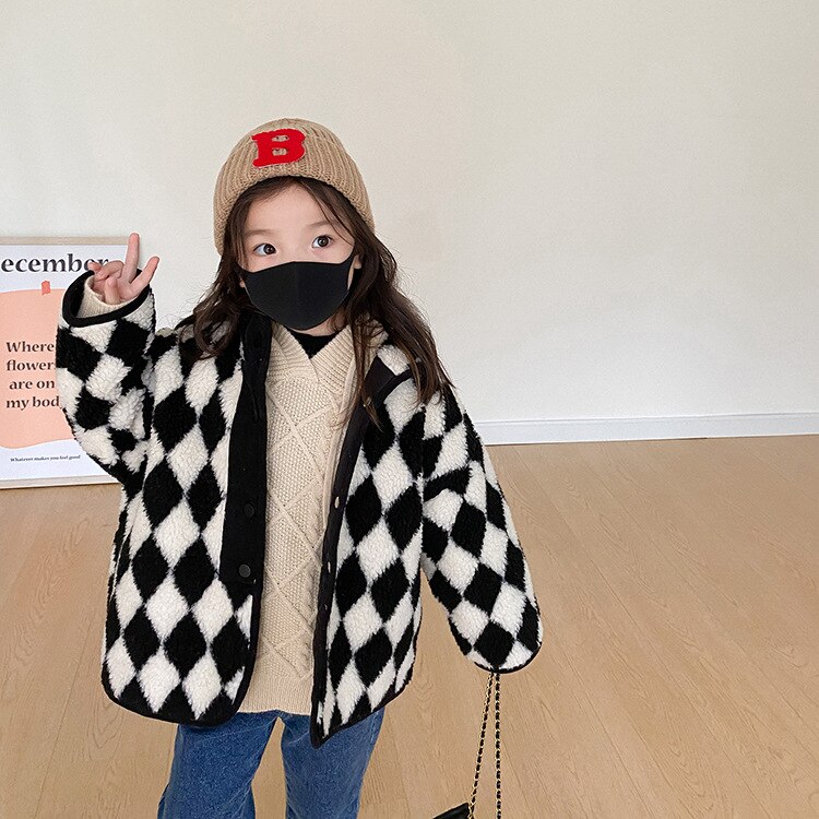 Capispalla larghi trapuntati in lana a quadri scozzesi di moda per ragazze invernali: Black / 3T