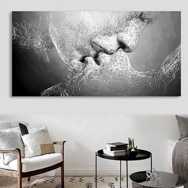 Mode Zwart Wit Liefde Kus Abstracte Kunst Op Canvas Schilderen Poster Wall Art Foto Print Thuis Wanddecoratie