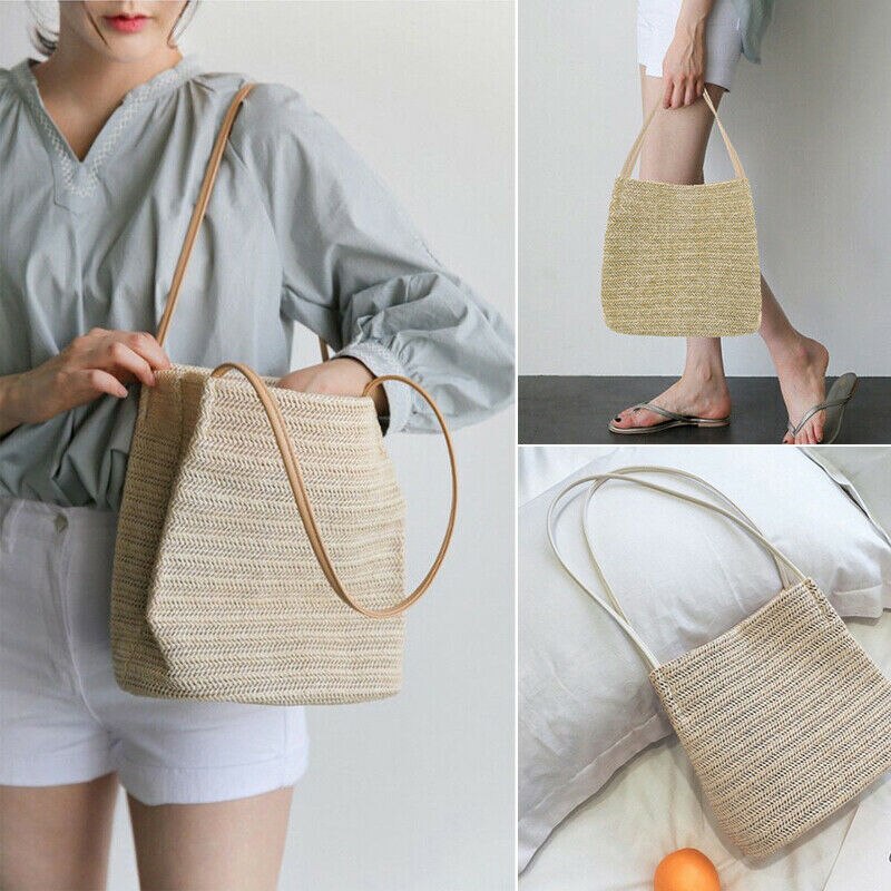 Kvinder sommer strand håndtaske tote flettet taske dame indkøbstaske rattan halm cross body håndtaske kurv