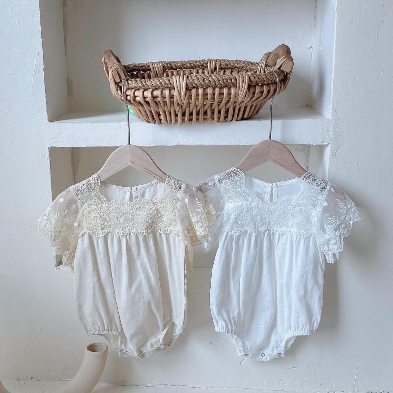 Sweet Newborn Baby Girl Lace Hollow Out Flying Sleeves Jumpsuit Thin Cotton Girls Bodysuit One Piece Infant Outfits