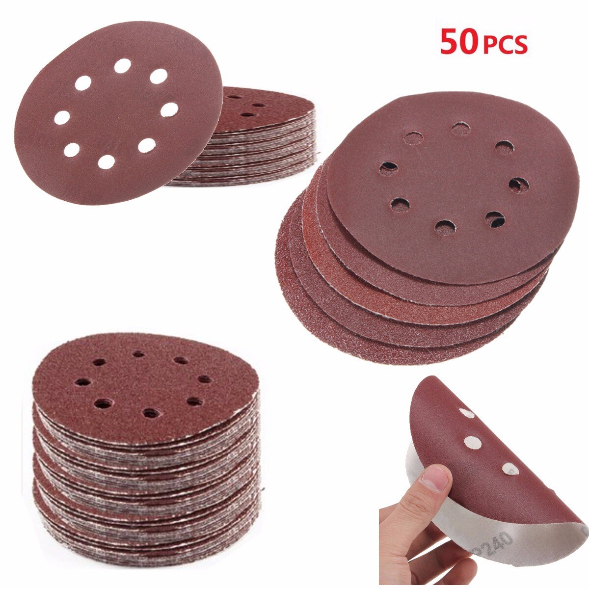 50pcs/Set 125mm Sanding Disc Round Shape 8 Hole Mixed 40 60 80 120 240 Grit Orbital Paper Punch Sheet Sandpaper Polisher Sanders