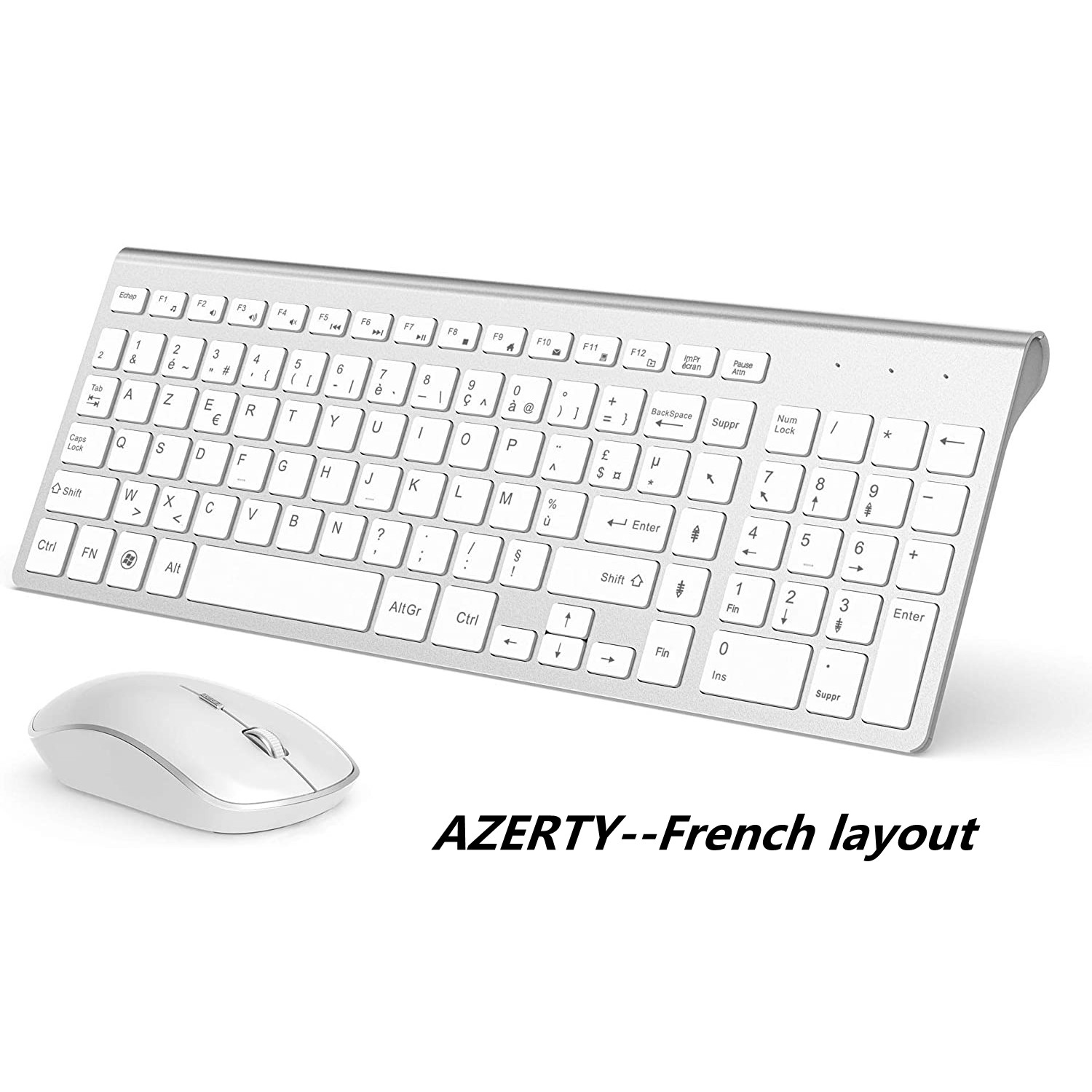 AZERTY French 2.4G Wireless Keyboard Mouse Ergonomic Compatible with IMac Mac PC Laptop Tablet Computer Windows (Silver White)