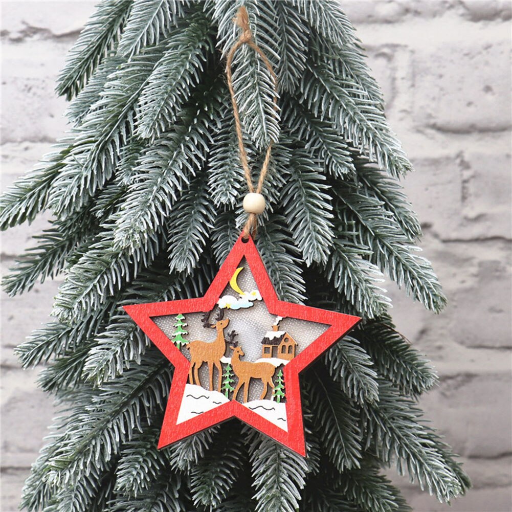 LED light Christmas Tree Star car Wooden Pendants Ornaments Xmas DIY Wood Crafts Kids for Home Christmas Party Decorations