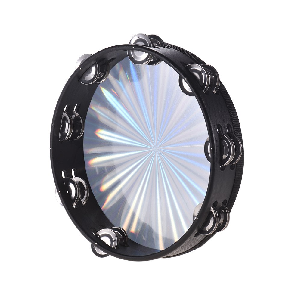 8 Inch Wooden Radiant Tambourine Handbell Hand Drum with Double Row Jingles Reflective Drum Head Percussion Instrument