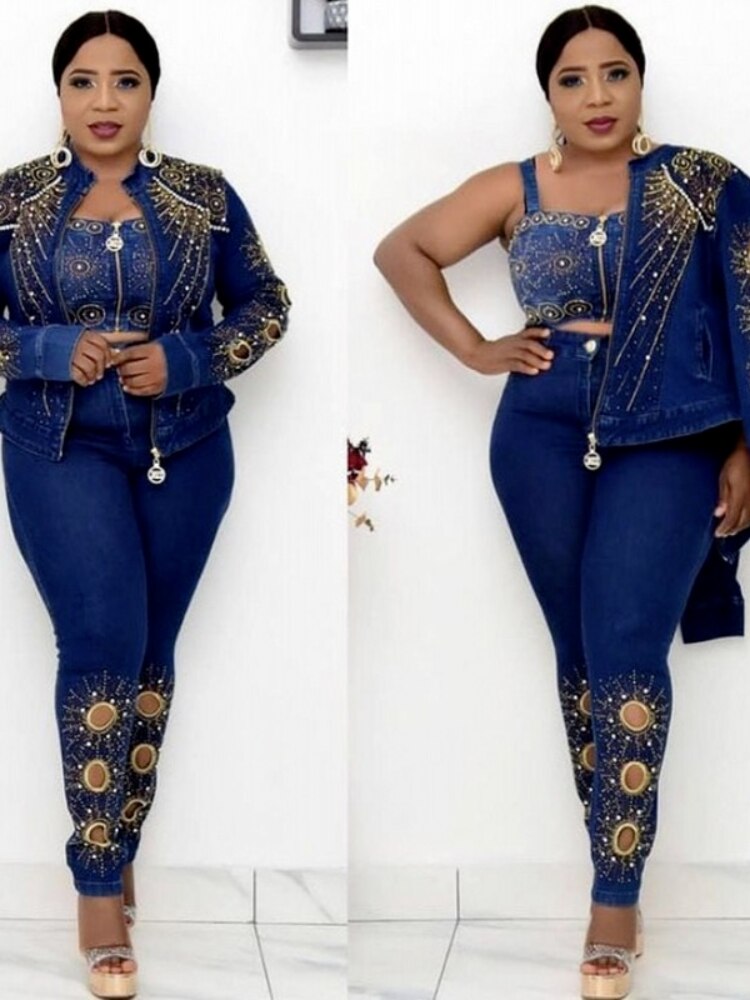 3 Piece Set Africa Clothes African Dashiki Dashiki Suit Top And Trousers Super Elastic Party Plus Size For Lady: Blue / L