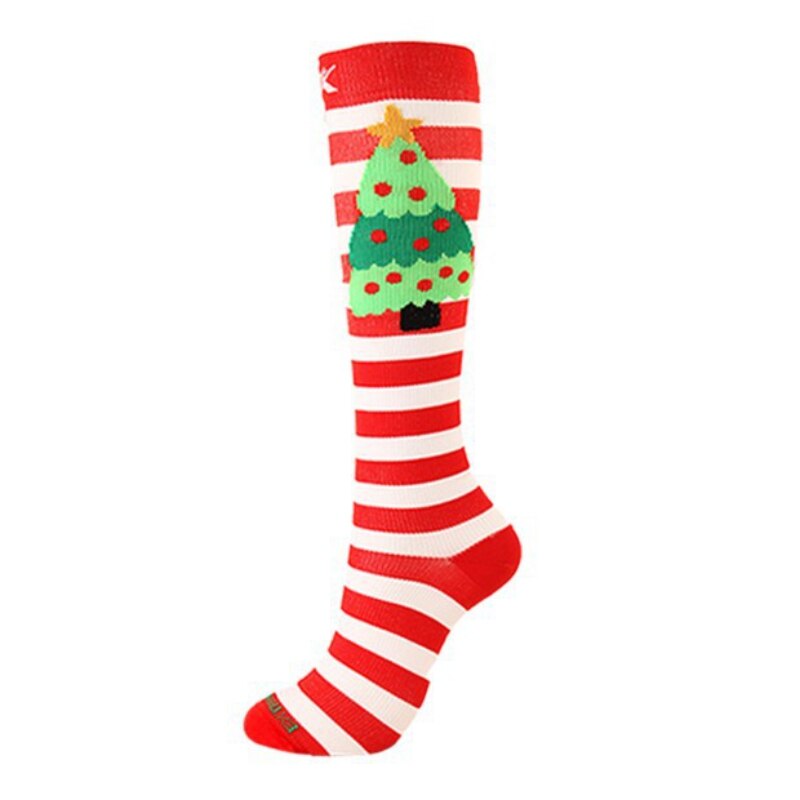 1 Pair Compression High Knee Socks Women Long Socks Christmas Cap Tree Deer Striped Printed Polyester Winter Warm Comfartable