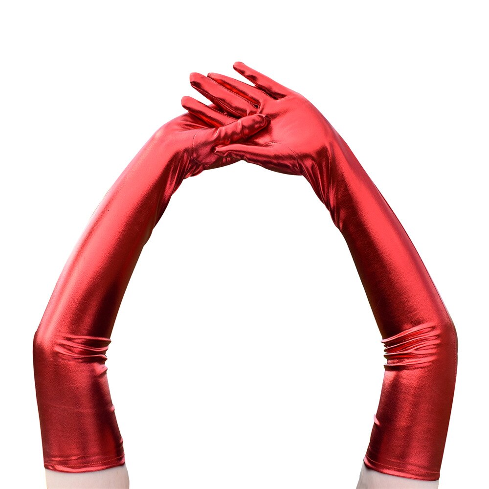 Gant Long et Sexy en cuir PU extensible, moulant, Punk, Rock, Hip Hop, Jazz, Disco, danse, mitaines métalliques brillantes, accessoire de Cosplay: red