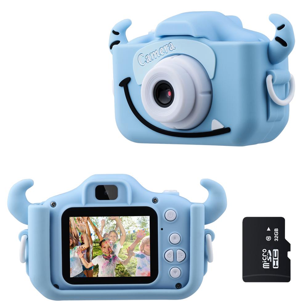 Barn leksakskamera 1080p hd med 32g kort 2.0 tum färgskärm dubbel selfie videospel barn kamera leksaker för barn: Blå ko