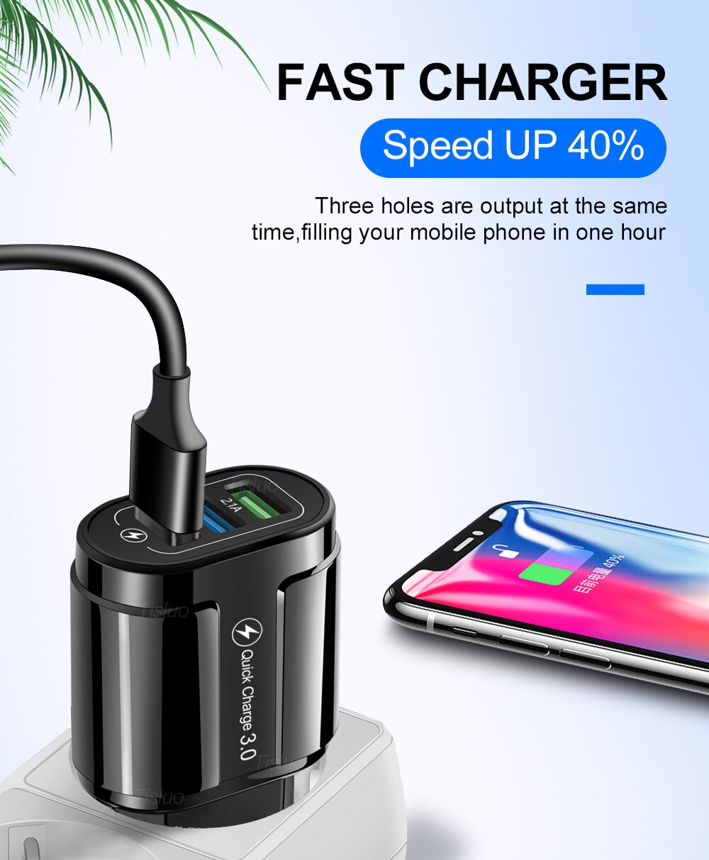 18W Usb Charger Quick Charge 3.0 Universele Muur Mobiele Telefoon Oplader Voor IPhone11 X Samsung Xiaomi 3 Port Fast opladen Adapter