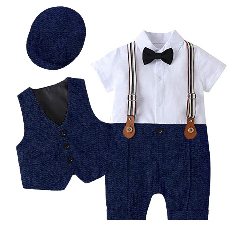 Bebê formal vestido de verão manga curta meninos cavalheiro festa vestir roupa 1st aniversário macacão + chapéu colete roupas da criança: Azul marinho / 59(3-6M)