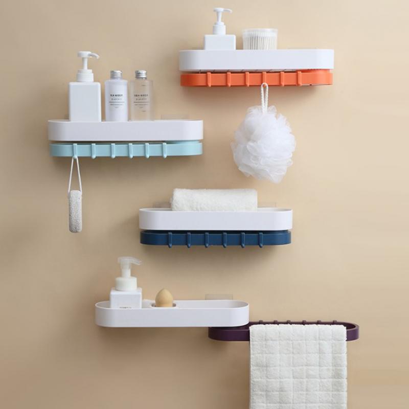 Double Layer Rotating Storage Rack Organizer Bathroom Pole Shelves Shampoo Tray Stand Holder Wall Mounted Towel Rack With Hooks