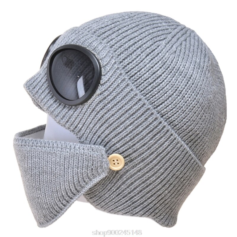 2 In 1 Ribbed Knit Beanie Hat Mouth Mask Set Warm Windproof Snow Cuffed Earflap Cap with Glasses Goggles N03 20: Gray