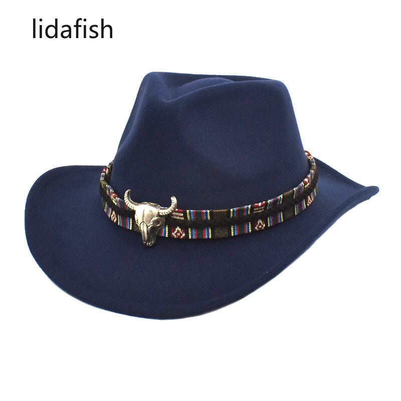 Lidasfish-Sombrero de vaquero occidental de ala ancha con banda para la Cabeza de Vaca, sombreros de Jazz de fieltro para hombre y mujer, gorra de Panamá negra, Otoño e Invierno