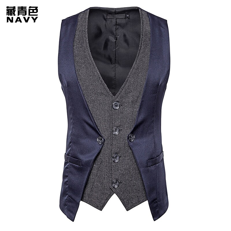 Vintage couches hommes costume gilet simple boutonnage à chevrons robe gilet hommes scène Club fête bal Chaleco Hombre: navy blue / XXL