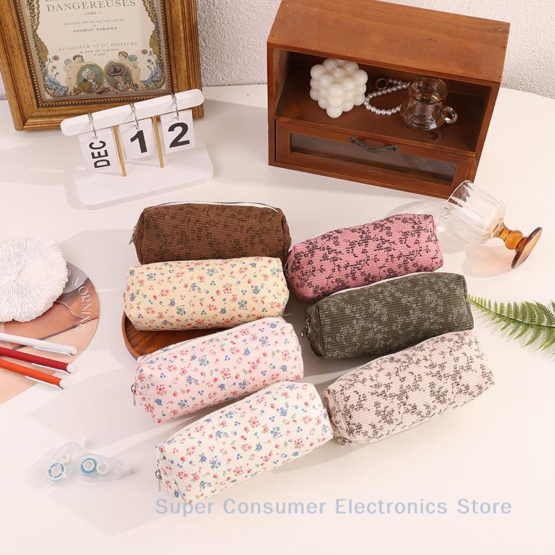 Cute Printed Pencil Case Aesthetic Retro Floral Pencil Pouch Flower Cosmetic Bag Large Capacity Stationery Organizer Supplies