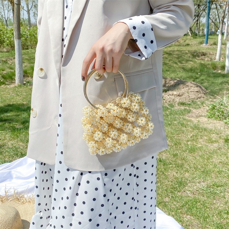 Handwoven Shoulder Bucket Bag - Vintage Acrylic Pearl & Plastic Beads - Evening Party Clutch