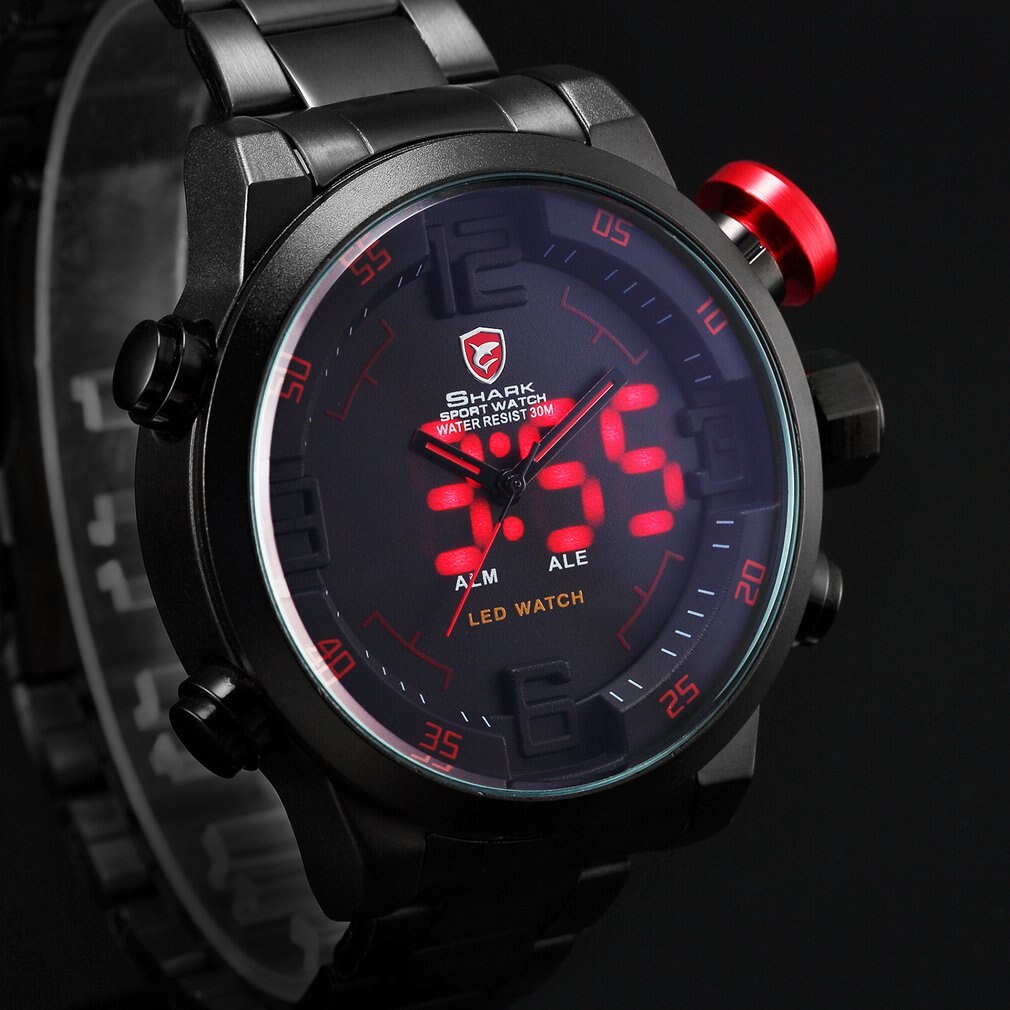 Sh2309 heren sporthorloges met stalen band, ip-horloge met kwarts en dubbele weergave, polshorloge voor buitengebruik