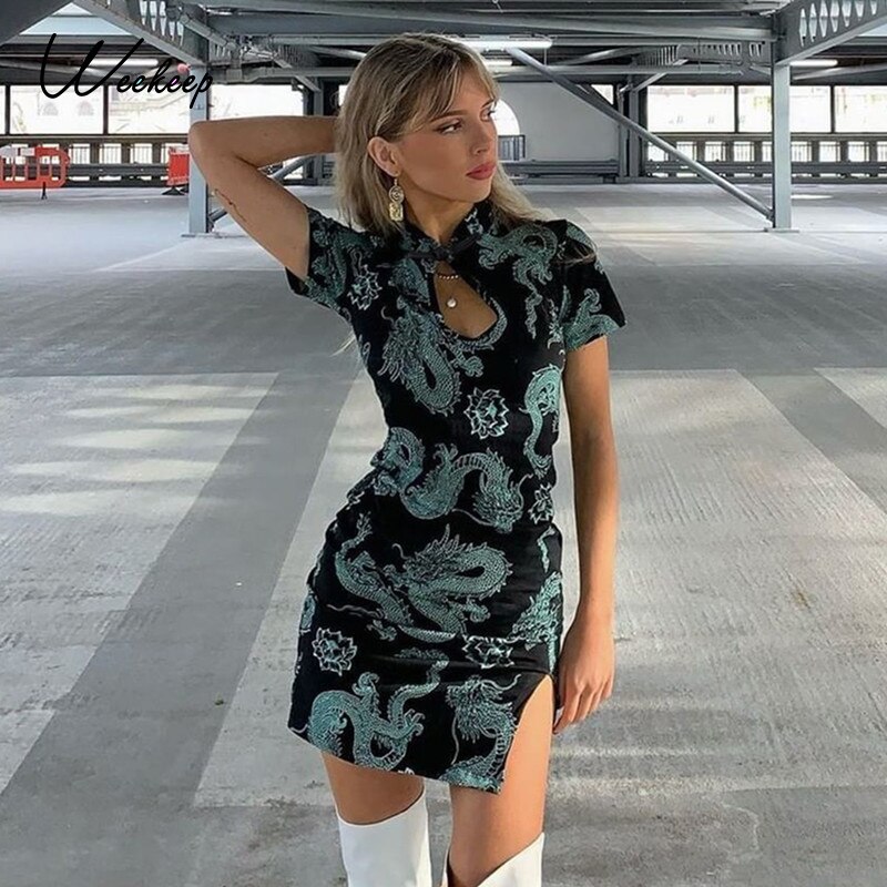 Weekeep Chinese Style Dragon Print Mini Split Dress Summer Cut Out Short Sleeve Bodycon Dresses Party Streetwear Clothes