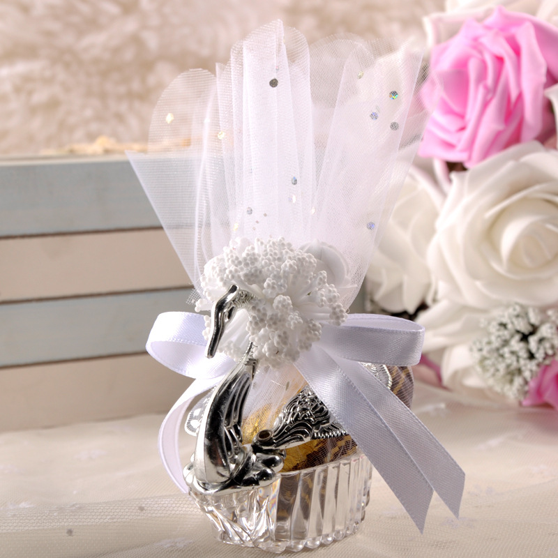 Elegante caixa de doces cisne acrílico criativo favor prata/ouro caixas de presente com voile para o casamento noivado festa decoração suprimentos