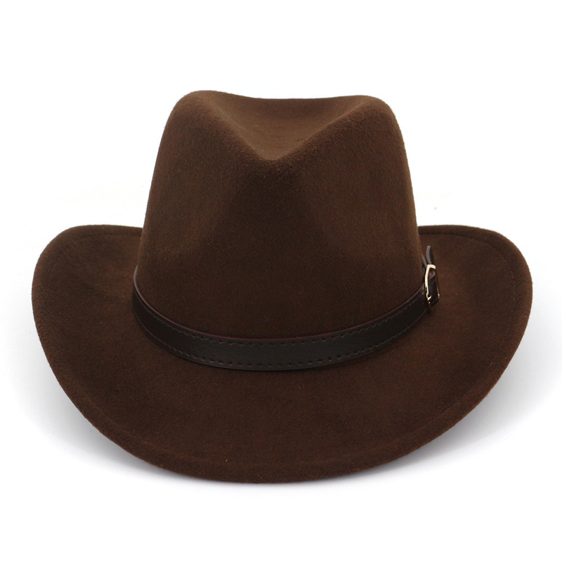 Sombrero de fieltro vaquero de ala ancha para hombre y mujer, sombrero de fieltro de vaquero con hebilla de cuero, estilo panamá Trilby Jazz, europeo y estadounidense