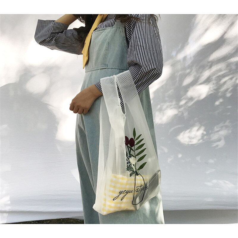 Women Transparent Tote Organza Yarn Cloth Beach Bag Embroidery Handbag Eco Clear Hand Bags Purse For Girls