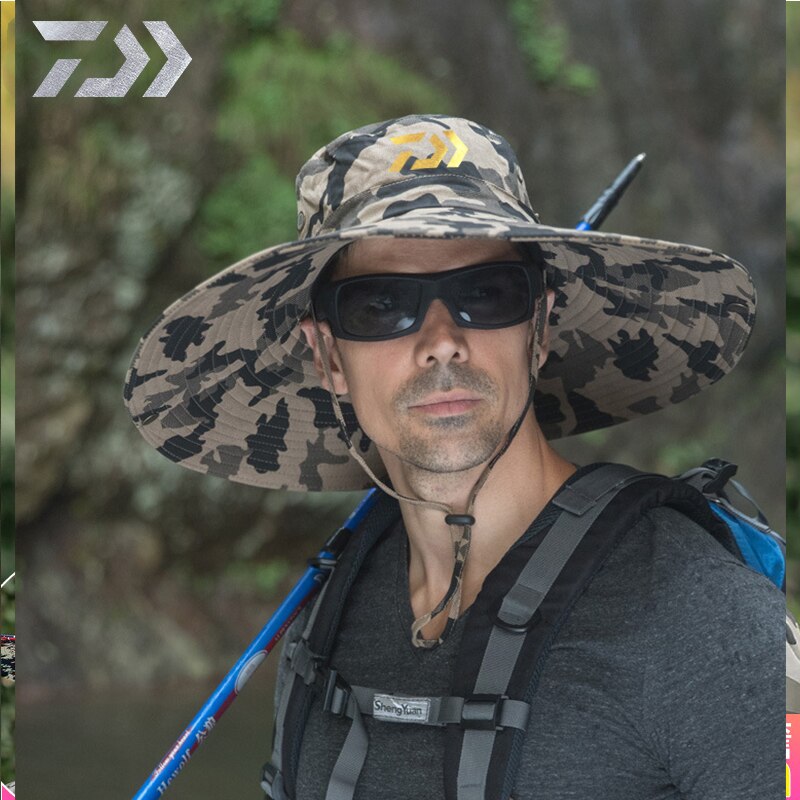 Daiwa mænds camouflage fiskeri hat sommer justerbar solbeskyttelse sol hat stor randen sol hat turist fiskeri hat: Fotofarve 4