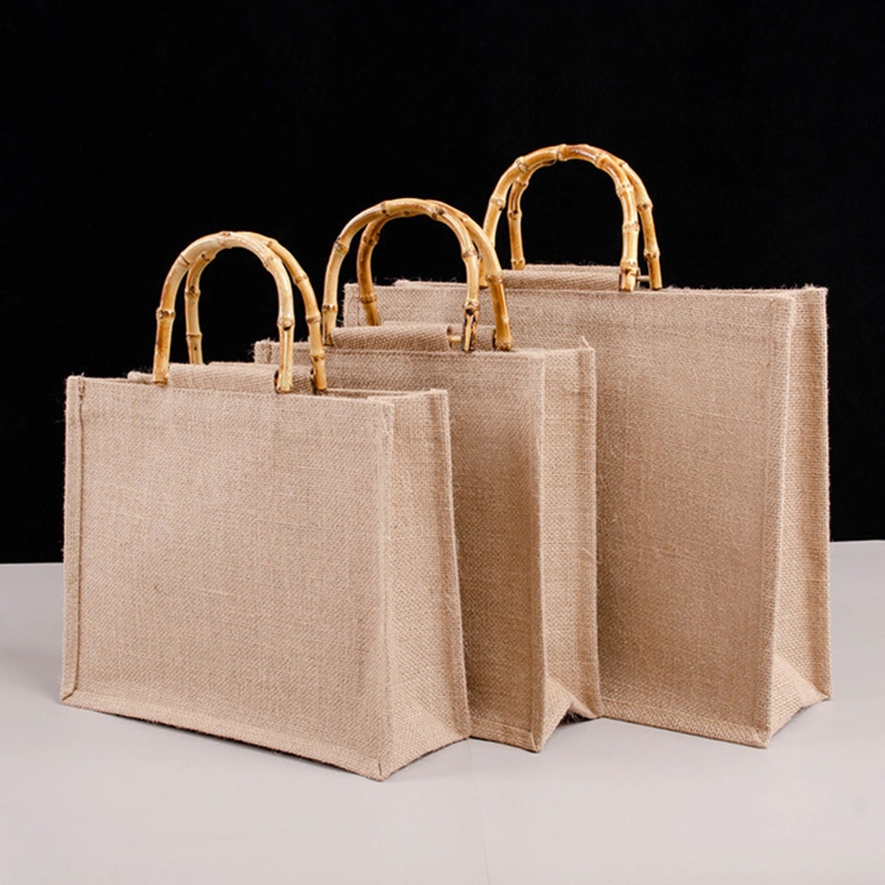 Draagbare Jute Jute Boodschappentas Handtas Bamboe Lus Handgrepen Tote Boodschappentassen Voor Vrouwen Meisjes