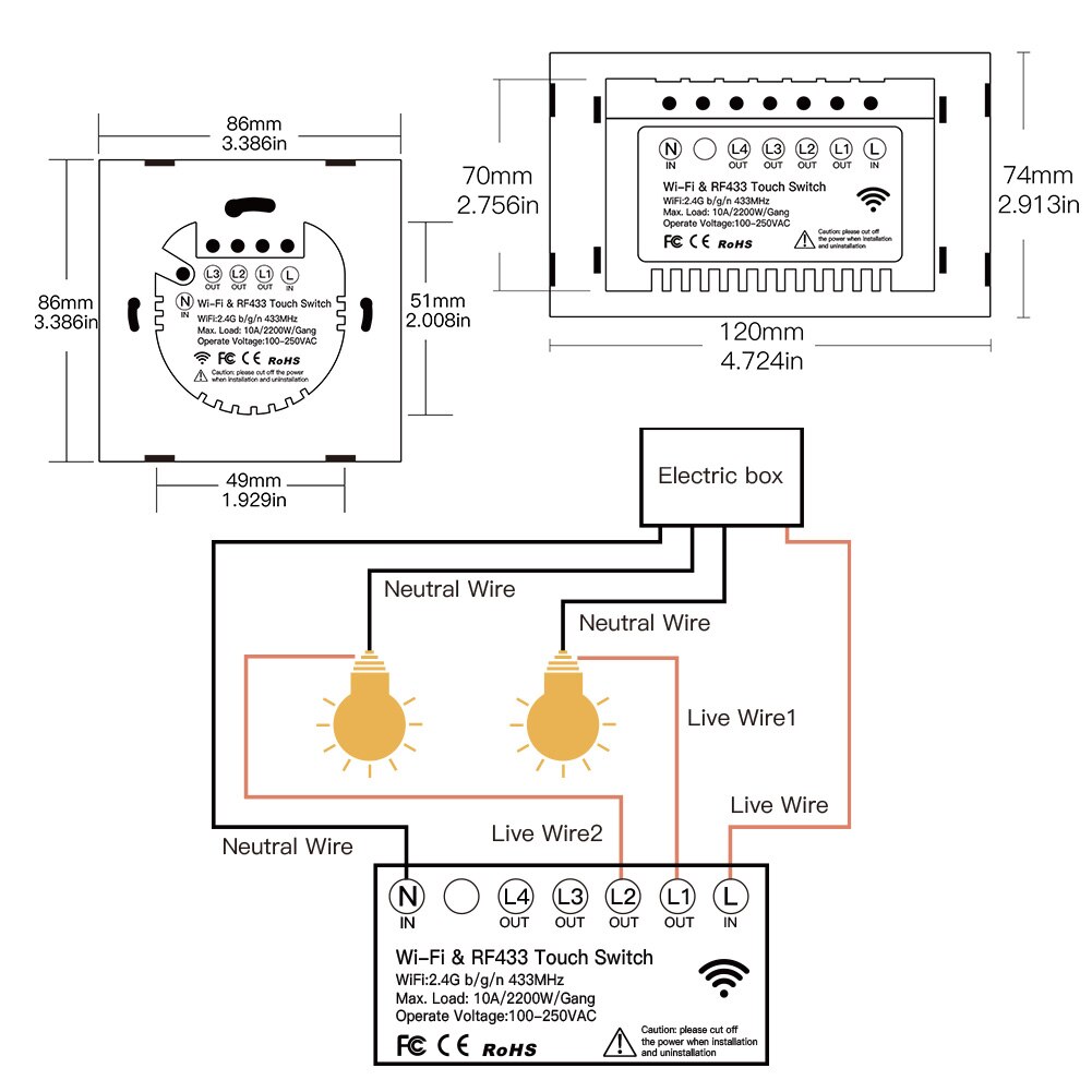 Upgraded WiFi Smart RF433 Touch Switch 2/3 Way Smart Life/Tuya App Control,Alexa Google Home Voice Control EU US 1/2/3 Gang