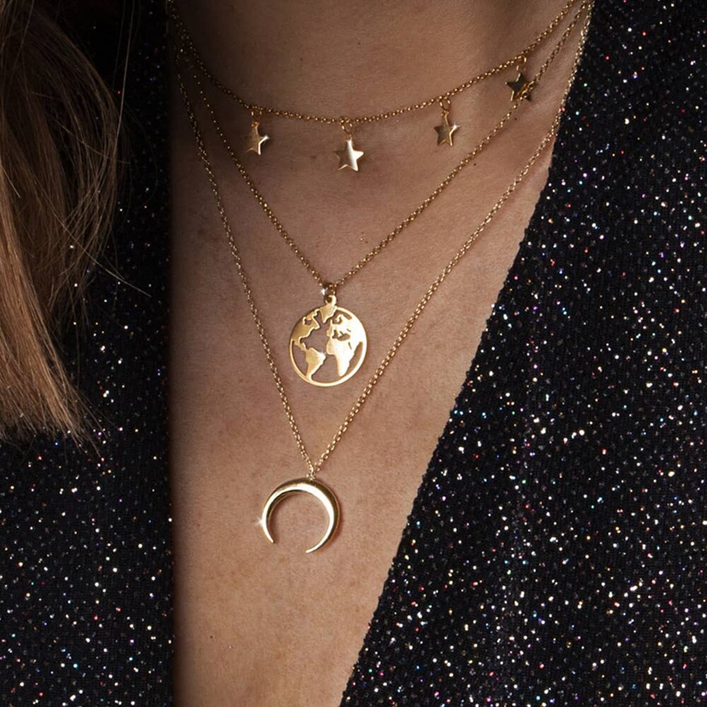 Collana del Choker Per Le Donne Dell'annata Boho Catena D'oro Collares Gioielli Terra Luna Rotonda Chic Layered Collane Pendenti Con Gemme E Perle Accessori: S8-Gold