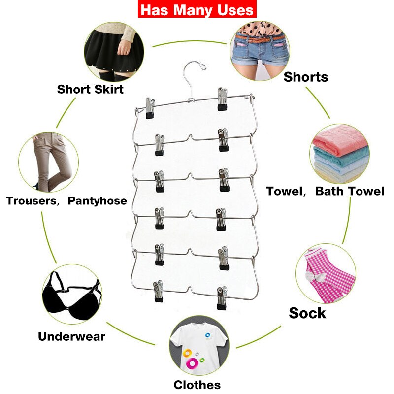 Cintres à 6 niveaux pour jupe et pantalon, avec Clips réglables, gain de place, 12 Clips de stockage pour vêtements, support métallique