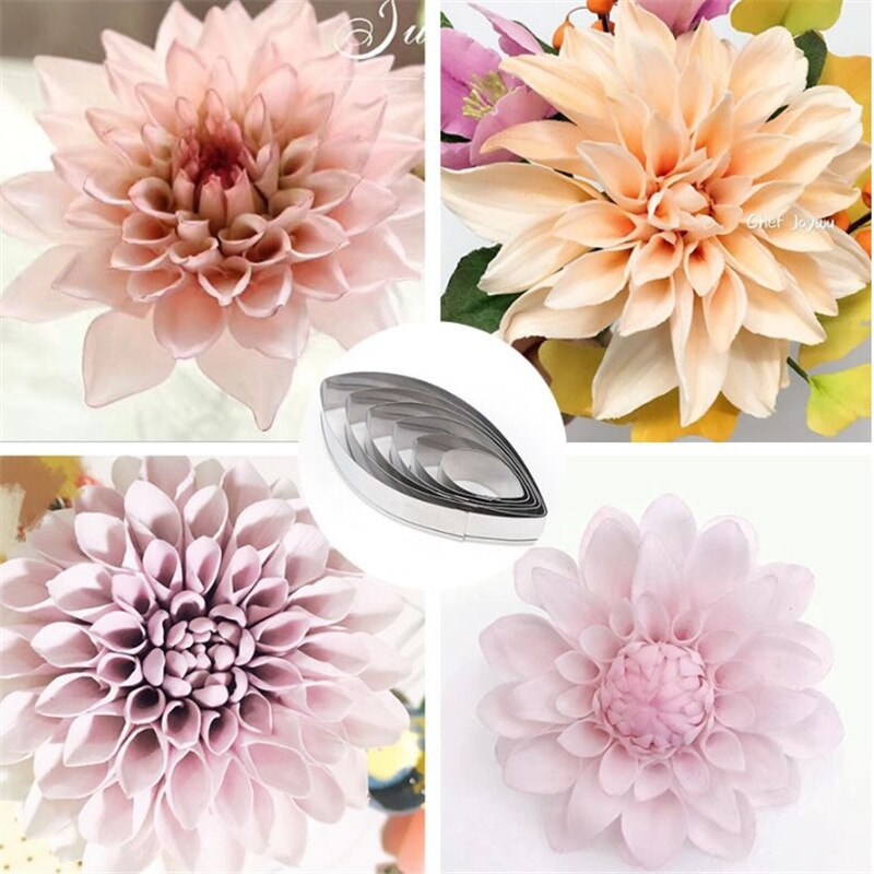 TTLIFE 6pcs Dahlia Bloemblaadje Roestvrij Staal Bloem Candy Biscuit Cookie Cutters Fondant Cake Sugarcraft Decorating Tool Bakvorm