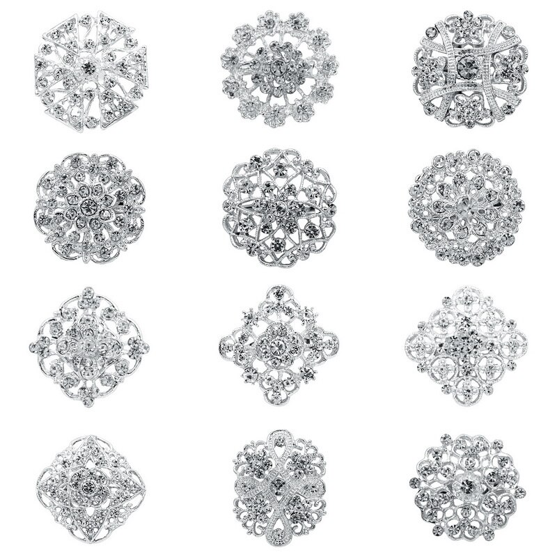 WEIMANJINGDIAN Lots de 12 pièces cristal strass fleur broche broches ensemble pour bricolage mariage Bouquet Kits bijoux accessoires: KZ001 silver clear