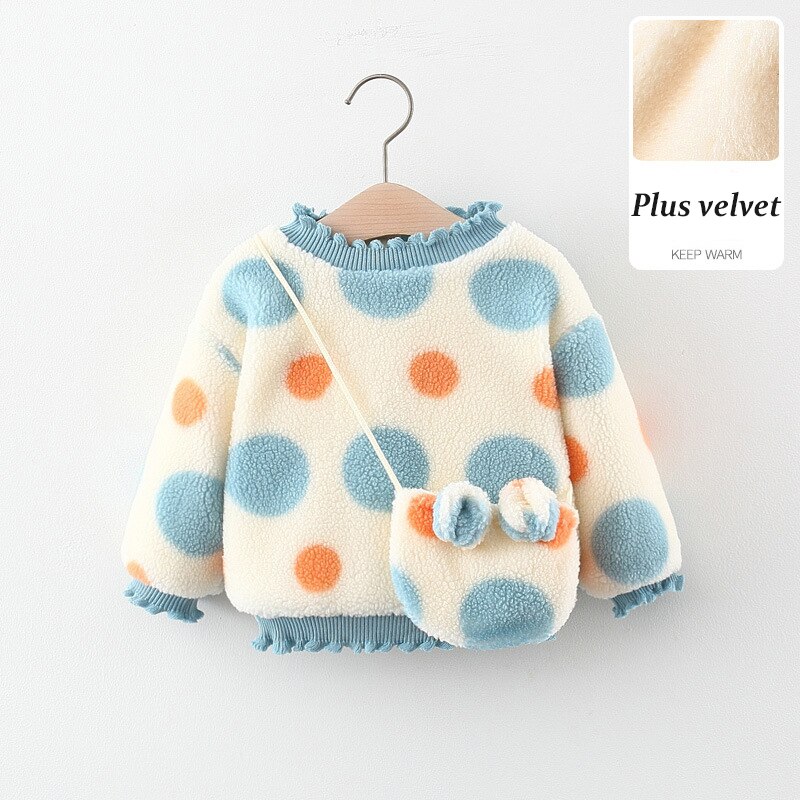 Veste d'hiver en velours pour enfant, pull à pois, jolie veste d'hiver en velours, garde au , hauts pour petite fille, à la et à volants: Dot-blue / 4T