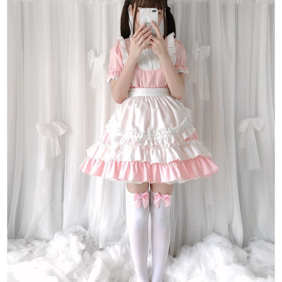 Vestido de sirvienta OP Lolita para dama, conjunto de disfraz de cómic Kawaii, suave, rosa, para cosplay