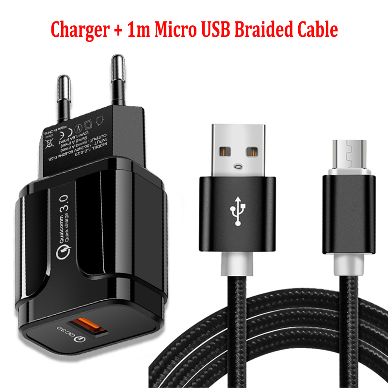 18W QC 3.0 szybkie ładowanie ue podłącz ładowarka podróżna Micro USB pleciony kabel do Samsung A10 S7 S6 krawędzi J3 J5 J7 J4 J6 + 2017 przewód danych: Black Charger Cable