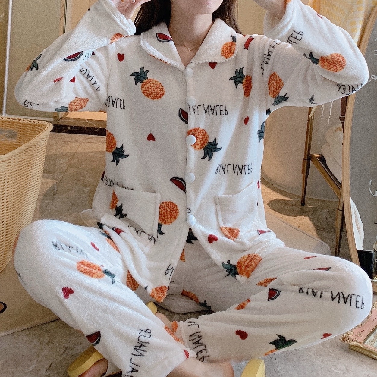 Pajama Women Winter Warm Suit Large Size Long Sleeve Coral Velvet Home Clothing Soft Kawaii Lovely Simple Korean Style Womens: XL