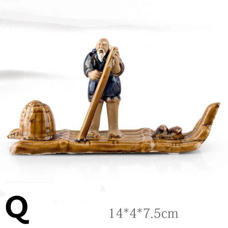 Small Ceramic Fishing Boat Fishman Figurine Craft Landscape Aquarium Fish Tank Garden Pot Plant Fairy Chinoiserie Decor Ornament: Q